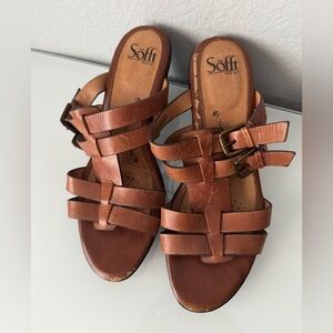 Sofft Brown Leather Slip on Wedge Sandal Size 9M